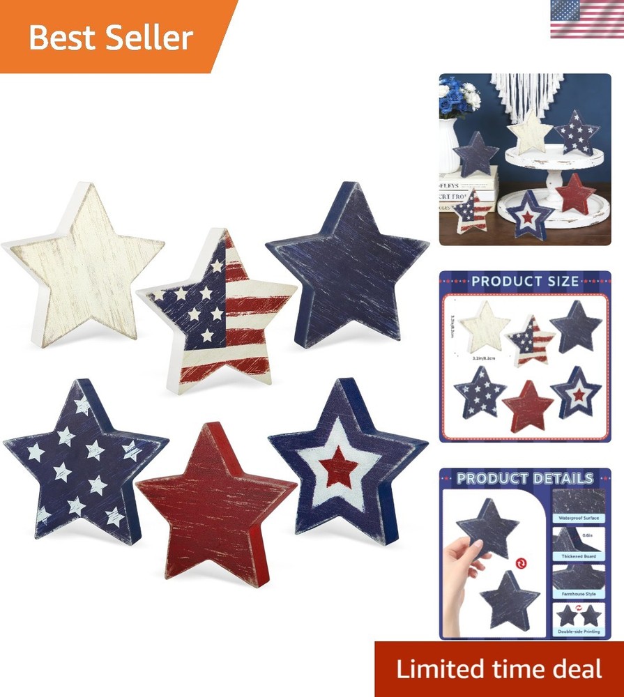 Durable Wooden Star Set of 6 – Rustic Farmhouse Decor for Independence Day
