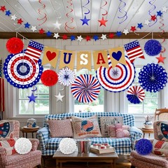 4th of July Decorations 26 PCS Red White Blue Paper Fans Banner Swirls