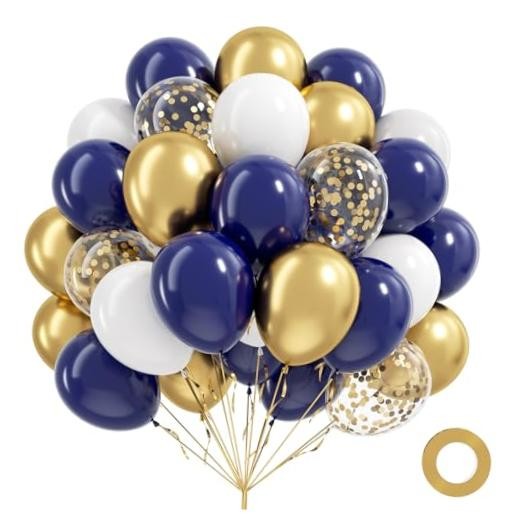 60pcs Navy Blue and Gold Balloons 12inch, White Metallic Gold Gold Blue White
