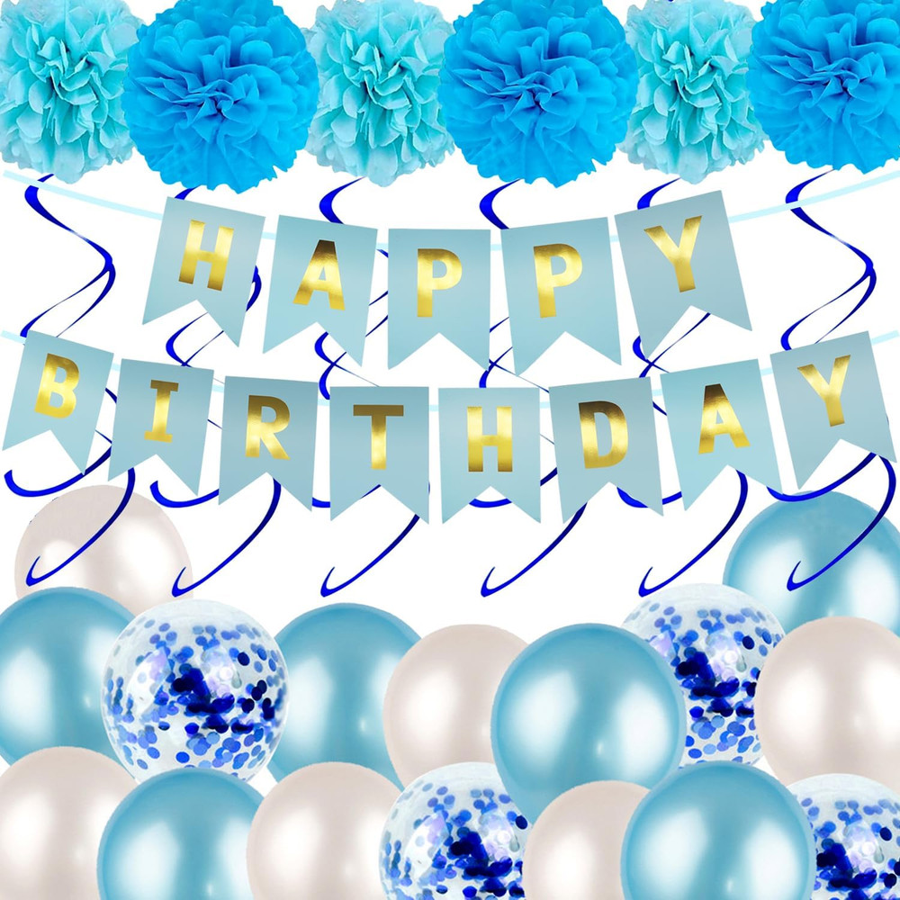 Blue Happy Birthday Decorations, Happy Birthday Banner Hanging Swirls Balloons a