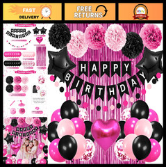 Pink & Black Birthday Party Decor – Happy Birthday Banner, Balloons, Pom Poms, C