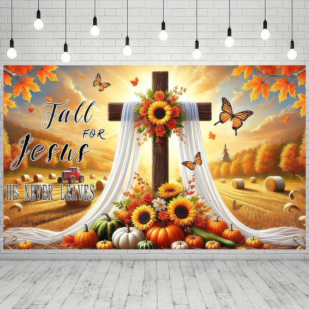 Fall for Jesus Backdrop Banner – Thanksgiving Outdoor Decor 71×43 Inches