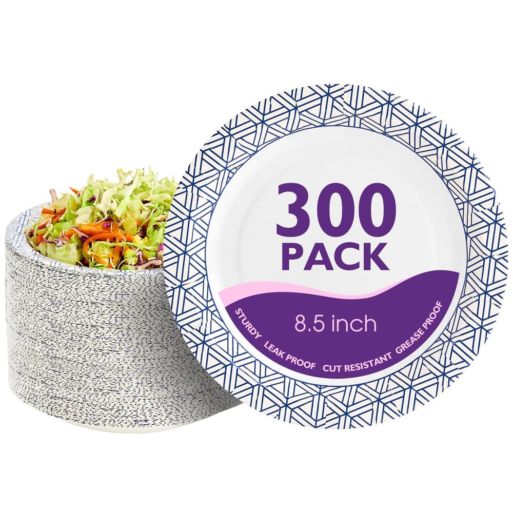 Disposable Paper Plates 8.5 Inch 300 Count, Soak Proof and Cut Resistant Heav…