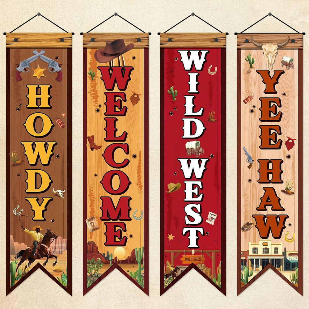 4 Pcs Western Cowboy Party Decorations Wild West Banner Howdy Yes Haw Welcome Ha