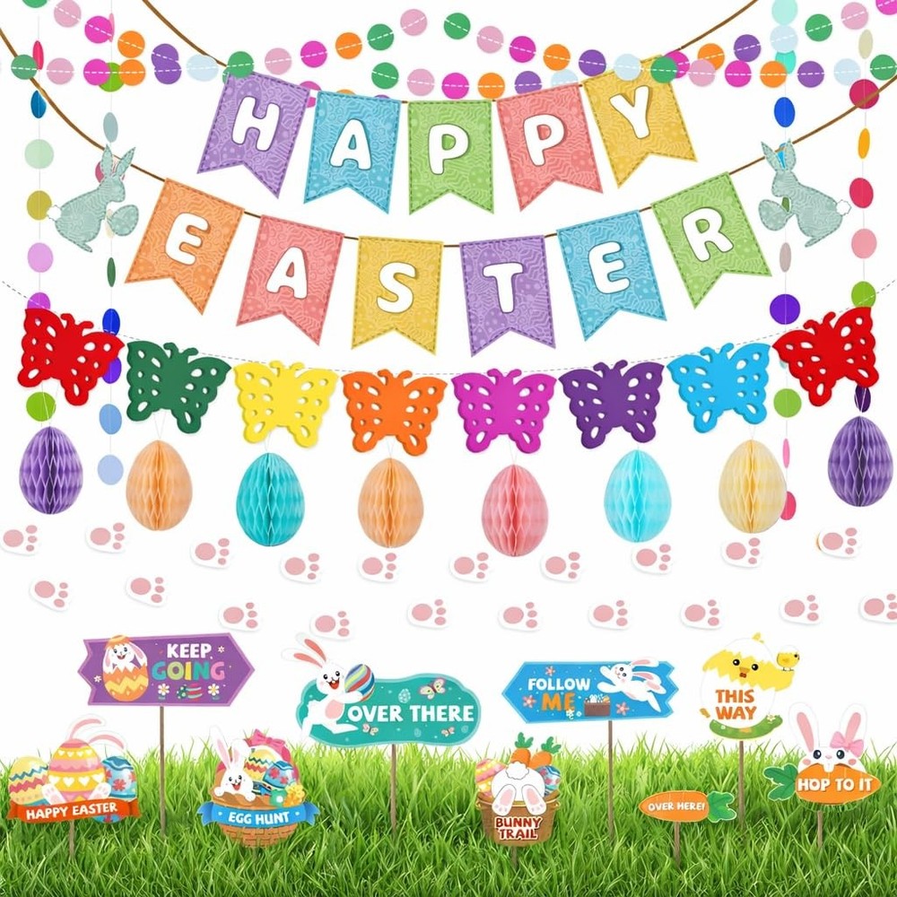 AhfuLife Easter Decorations Set, Happy Bunny Decoration Set