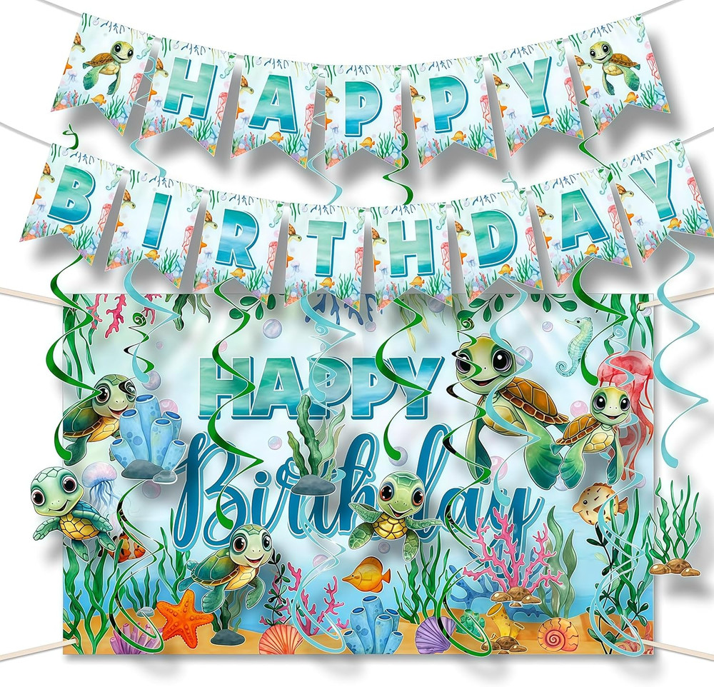 Sea Turtle Birthday Decorations Include Happy Birthday Banner, Backdrop, Hanging