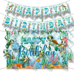 Sea Turtle Birthday Decorations Include Happy Birthday Banner, Backdrop, Hanging