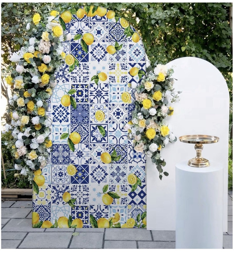 VitalCozy Arch Backdrop Cover Mediterranean Lemon Tile Stand Background