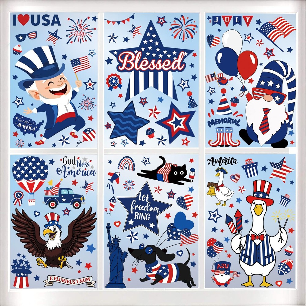 8 Sheets 4th of July Patriotic Window Clings Memorial Red Blue Decor Stickers