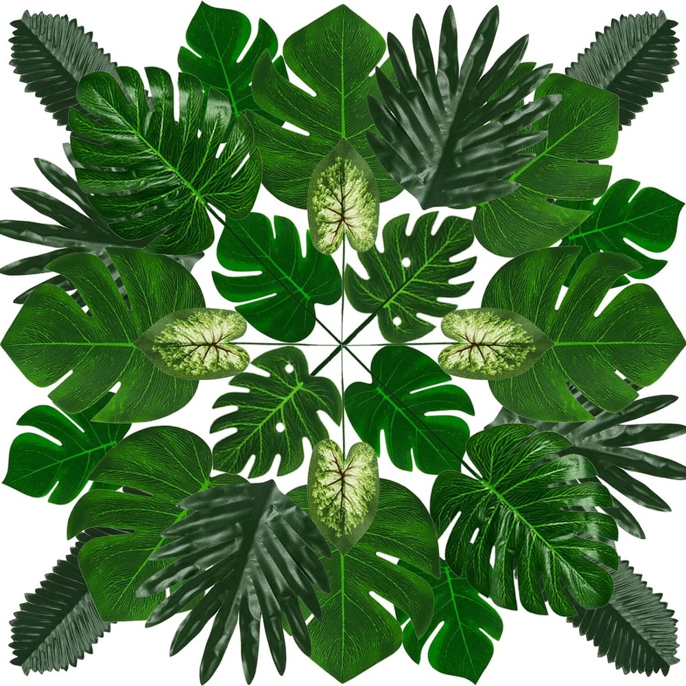 50 Pieces 7 Kinds Tropical Party Decorations Jungle Monstera Leaves Green