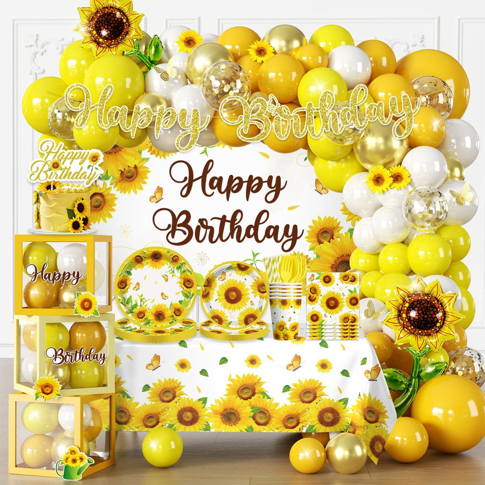 297pcs Sunflower Birthday Decorations-Serves 25, All-in-one Sunflower Party Deco