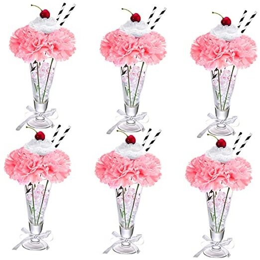 6 Sets Pink Carnations Artificial Flowers, 50’s Theme Party Decorations 58