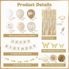 White and Gold Birthday Decorations for Women Girls with Butterfly Sticker Gold
