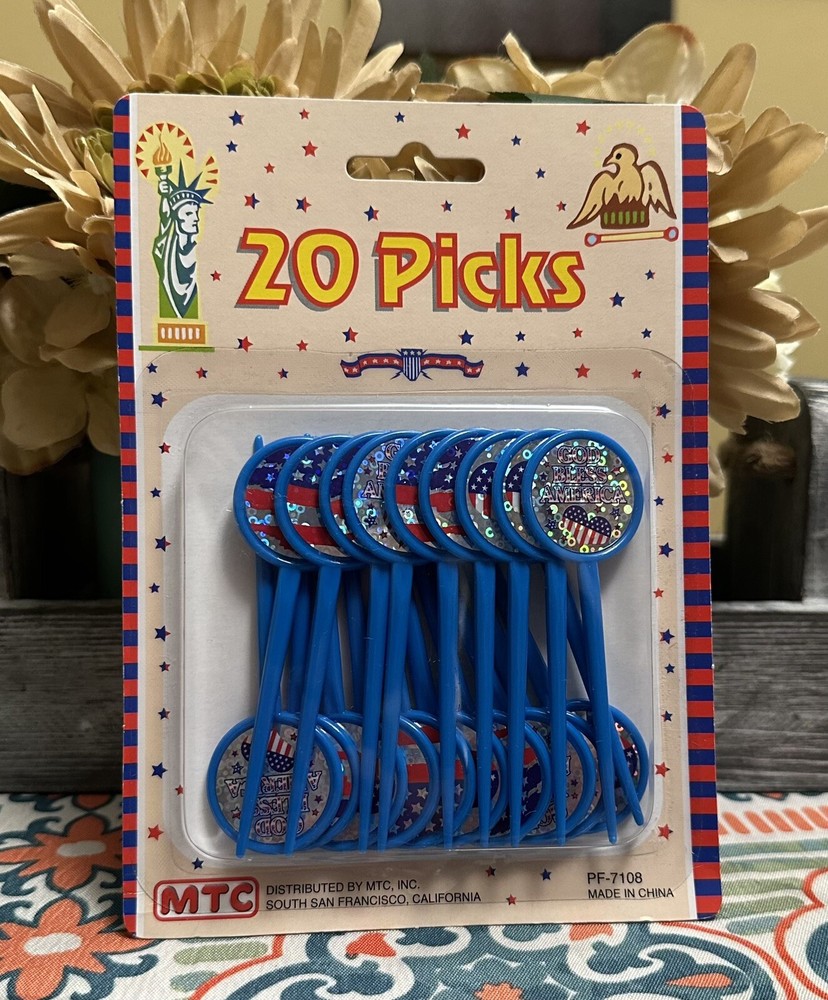 Patriotic Plastic Picks With Laser Sticker Round Blue, 20ea Package New Sealed