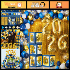 2026 Graduation Party Supplies – 86PCS Blue & Gold Decor, Balloon Arch Kit, LED