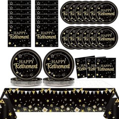 Stylish Black and Gold Paper Party Set: 24 Plates, Napkins, Tablecloth Included