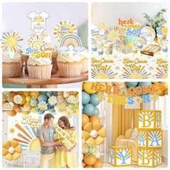 Boho Retro Sunshine Baby Shower Decor for Boy – Balloon Arch, Cake Topper & More