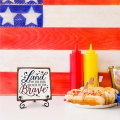 July 4th Wooden Plaque With Iron Stand – Free & Brave – 4″X4″ Wood Sign For