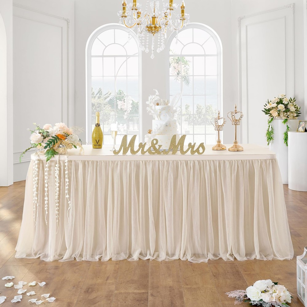 72inch Champagne Gold Tulle Table Skirts for Rectangle Round Tables, Gold Gri…