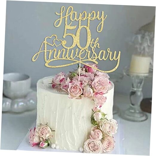 golden Glitter Happy 50th Anniversary Cake Toppers -Wedding 50th Gold