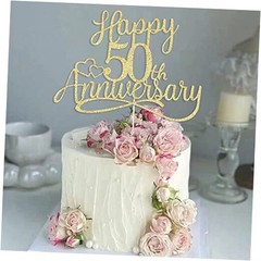 golden Glitter Happy 50th Anniversary Cake Toppers -Wedding 50th Gold