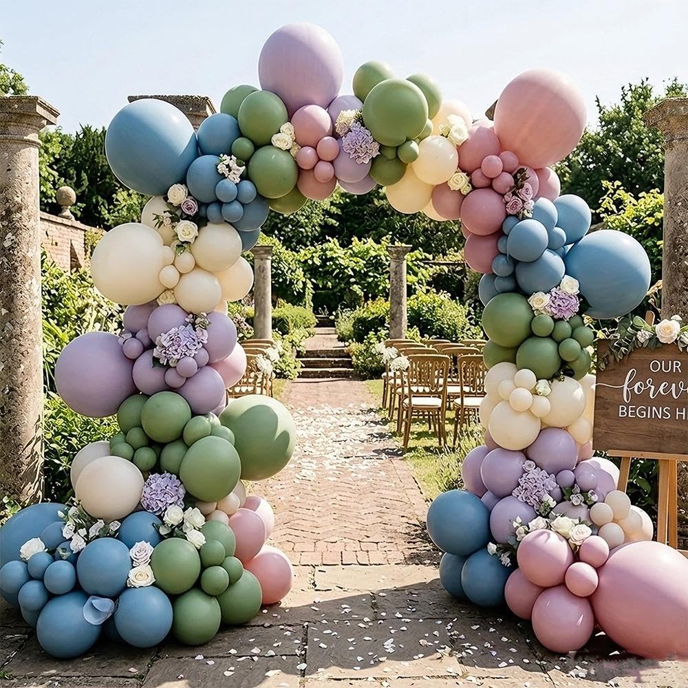 Pinbra Blue Green Pink Balloon Garland Double Stuffed Sage Green Dusty Blue