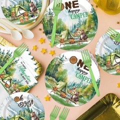 Camping Aventure Toddler Disposable Birthday Tableware (Plates, Napkins, Forks)