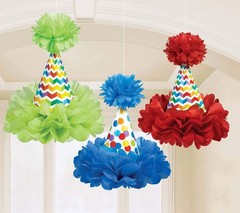 Bright Birthday Chevron Stripes Colors Party Hanging Cone Hat Fluffy Decorations