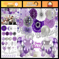 Purple Silver Birthday Party Decorations Kit – Happy Birthday Banner, Lanterns,