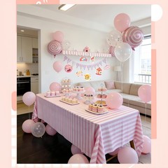 Carnival Circus Party Decor Kit – 2 Striped Awnings, Tablecloth, Banner & Balloo