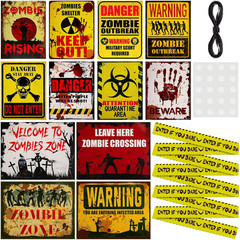 12 Pieces Halloween Zombie Beware Sign Set Halloween Party Haunted House Props C