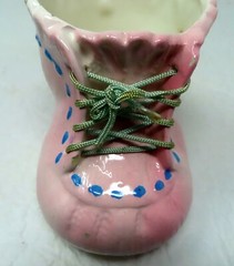 Mid Century Early 60s Pink Shoelace Ceramic Glazed Baby Boot Planter 3.25″Tall