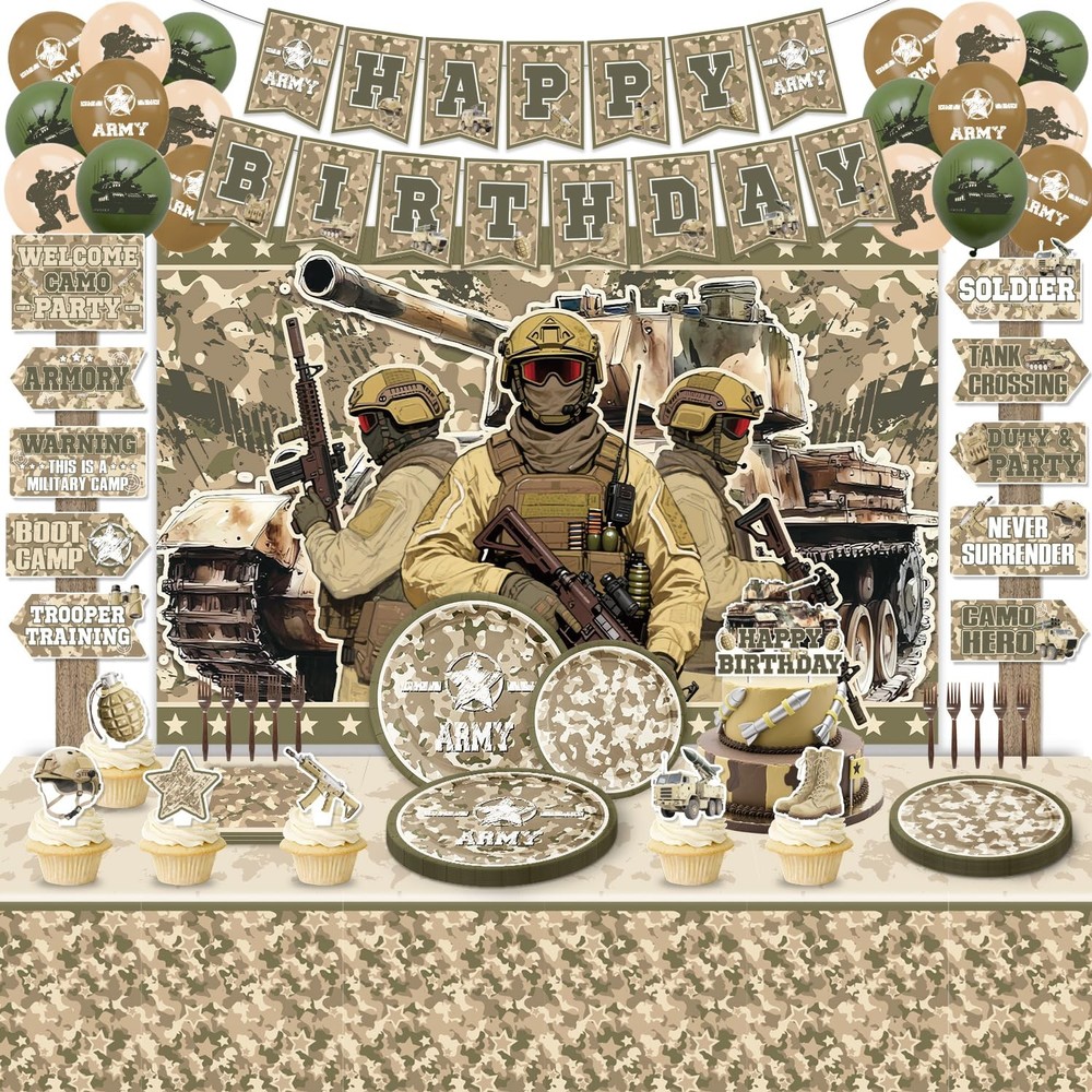 Army Military Party Decorations ,Camouflage Birthday Green, Brown, Gray