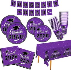 Purple Graduation Dinnerware Set for 25 Guests with Banner and Tablecloth
