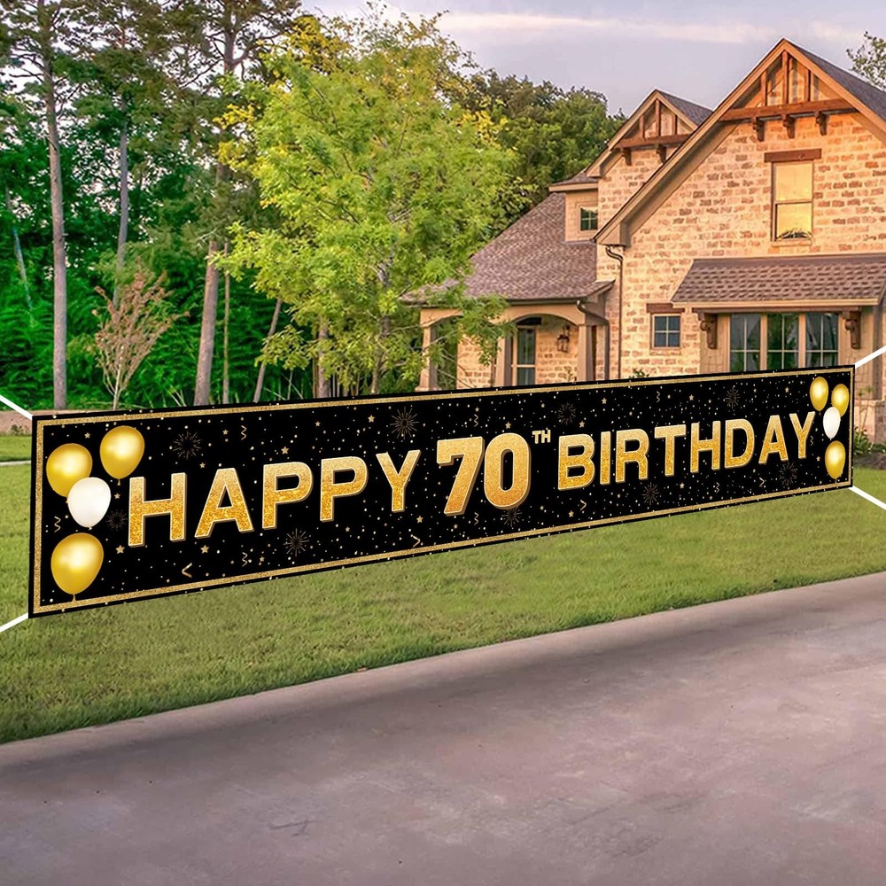 ANATANOWOR 70th Birthday Decorations for Men Women, 118×20 inches, Black Gold