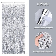 Wavy Silver Foil Curtain Backdrop 3.2×6.5 Feet Metallic Tinsel Streamer 2 PCS
