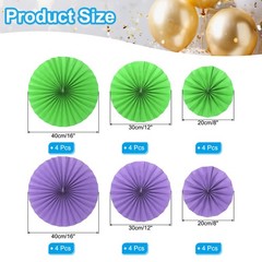 12Pcs 8″/12″/16″ Paper Fans Hanging Decor Round Fans with Pearl Green/Purple