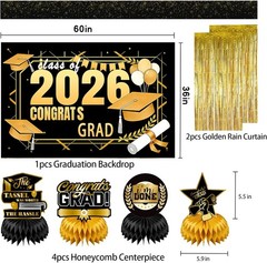Graduation Party Decorations 2026–Black Gold Grad Banner, Class of Backdrop, Bal