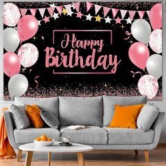 Birthday Decorations Backdrop Banner 72.8×43.3 Inch Pink Black Photo Background