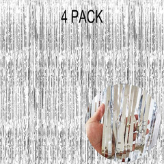 4 Pack Silver Foil Fringe Curtain – Metallic Tinsel Streamer Backdrop for Birthd