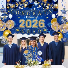 Blue Gold Graduation Decorations 2026 Congrats Grad Banner Cake Topper Balloons