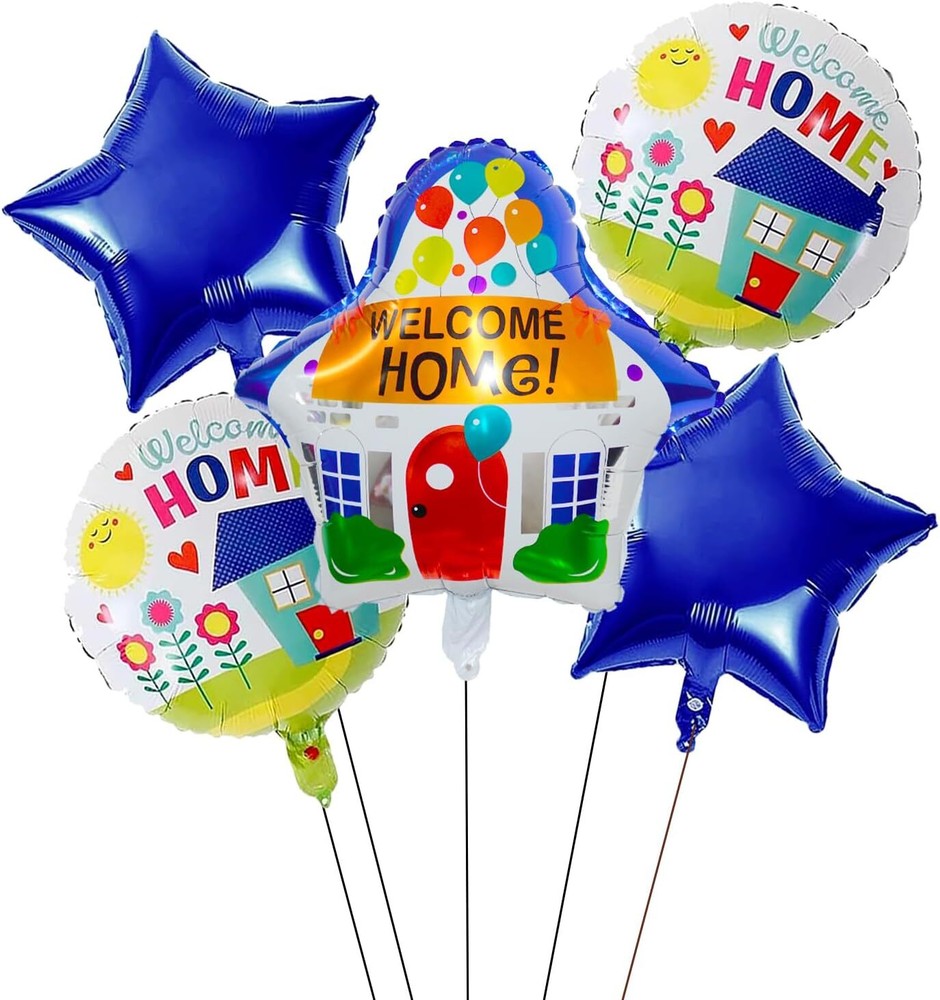 5PCS Welcome Home Balloons Blue Star House Shaped Blue, Silver