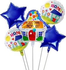 5PCS Welcome Home Balloons Blue Star House Shaped Blue, Silver