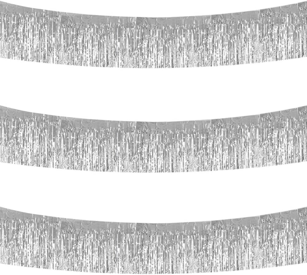 3 Packs 30 Feet Metallic Foil Fringe Garland Tinsel Streamers，Shiny Silver Wall