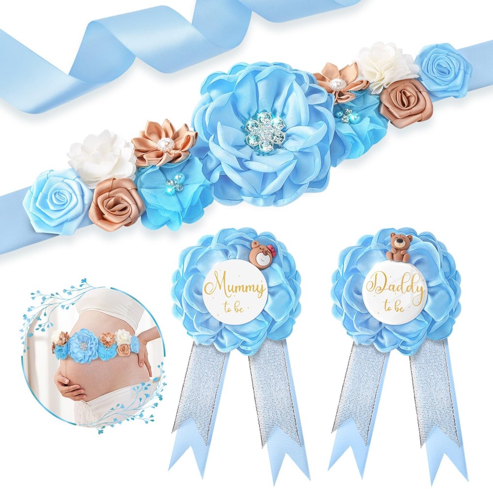 Floral Maternity Sash Mummy Daddy to Be Corsage Pin Set Blue Teddy Bear Baby …