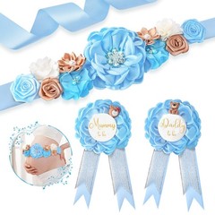 Floral Maternity Sash Mummy Daddy to Be Corsage Pin Set Blue Teddy Bear Baby …