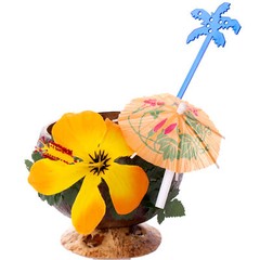 Luau Coconut Cup, Parasol Pick & Stirrer 4pc Party Drinkware Pack, Brown Multi