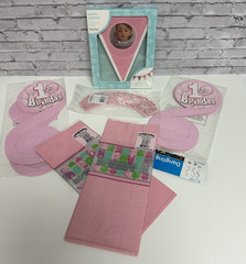 1st Birthday Decorations Girl Pink White Banner Cupcake Wrappers Bags Dangling..