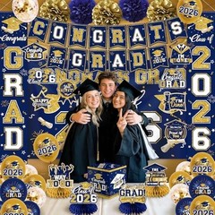 Navy Blue & Gold Graduation Decorations 2026 Set – Congrats Grad Banner, Balloon