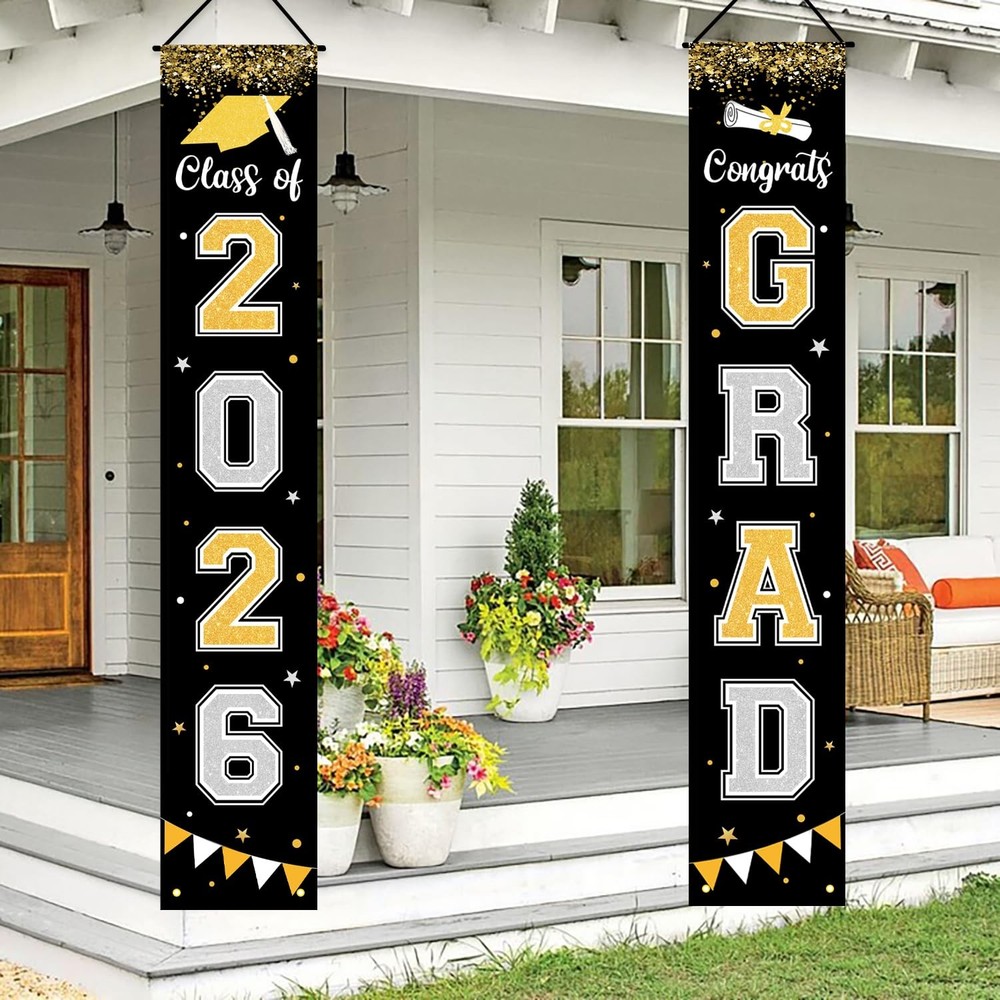 Graduation Decorations 2026 GRAD Banner Black Porch Door Sign Welcome Banner …